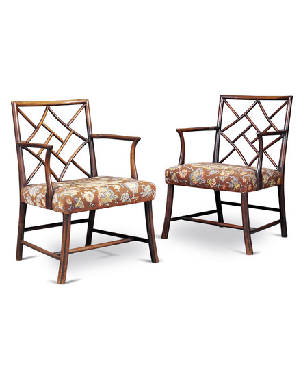 A PAIR OF GEORGE III MAHOGANY COCKPEN ARMCHAIRS, CIRCA 1760, POSSIBLY SCOTTISH, THE NEEDLEWORK BY H.R.H. THE DUCHESS OF GLOUCESTER, LATER PRINCESS ALICE (1901-2004)