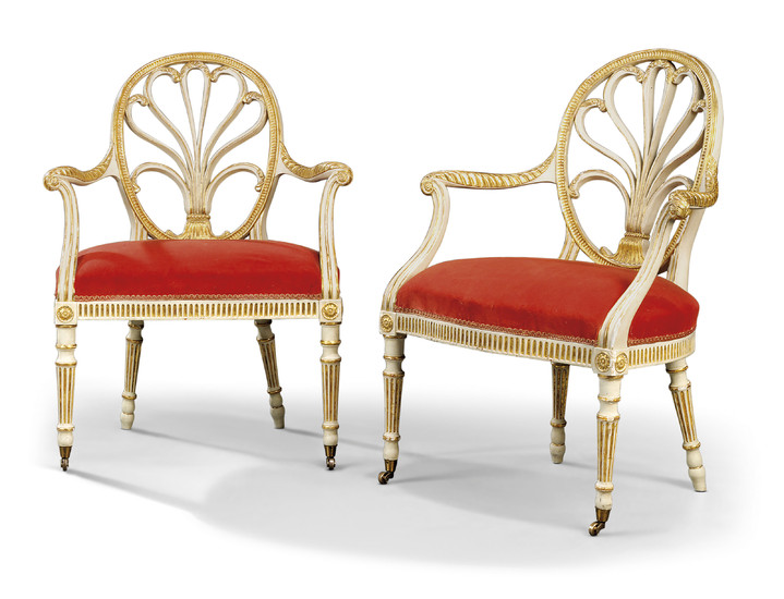 A PAIR OF GEORGE III WHITE-PAINTED AND PARCEL-GILT OPEN ARMCHAIRS, ATTRIBUTED TO GILLOWS, CIRCA 1785