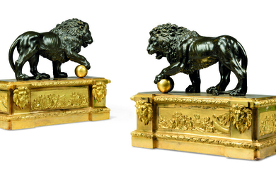 A PAIR OF LOUIS XVI ORMOLU AND PATINATED BRONZE 'MEDICI' CHENETS
