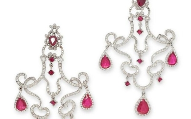 A PAIR OF RUBY AND DIAMOND CHANDELIER EARRINGS in 18ct