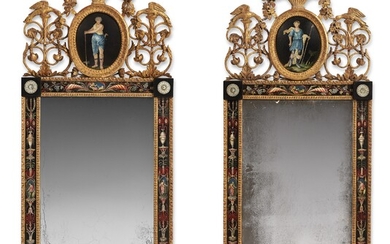 A PAIR OF SOUTH EUROPEAN POLYCHROME-PAINTED TOLE AND GILTWOOD MIRRORS