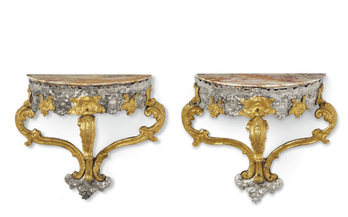 A PAIR OF SOUTH EUROPEAN SILVER AND GILT-COPPER HANGING CONSOLES, POSSIBLY COLONIAL, MID-18TH CENTURY