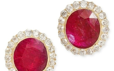 A PAIR OF UNHEATED RUBY AND DIAMOND CLUSTER EARRINGS in 18ct yellow gold, each set with an oval cut