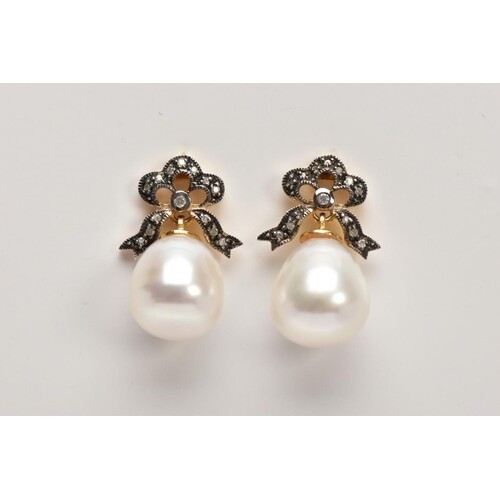 A PAIR OF YELLOW METAL, CULTURED PEARL AND DIAMOND DROP EARR...