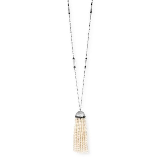 A PEARL, DIAMOND AND ONYX TASSEL PENDANT NECKLACE in