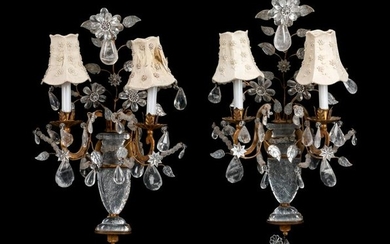 A Pair Gilt Metal and Rock Crystal Two-Light Sconces in