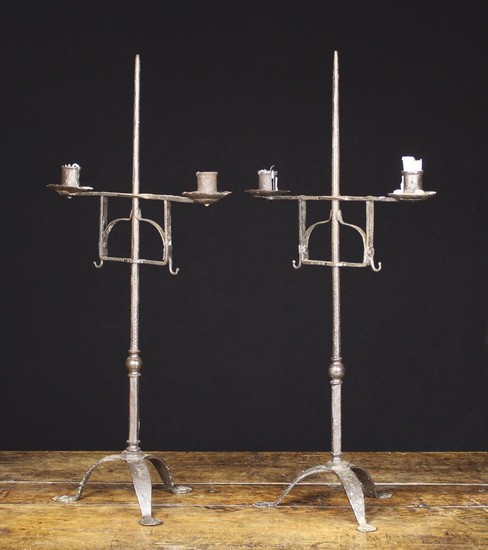 A Pair of 18th Century Style Wrought Iron twin-socket Table Candlestands. The rolled sheet metal soc