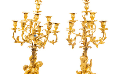 A Pair of Louis XV Style Gilt Bronze Figural Ten-Light Candelabra