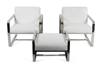 A Pair of Mitchell Gold Chromed Armchairs and Ottoman
