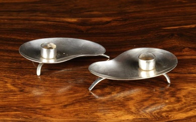 A Pair of Small Vintage Signed Prima H.GY. Denmark Sterling Silver Modernist Tapersticks with candle