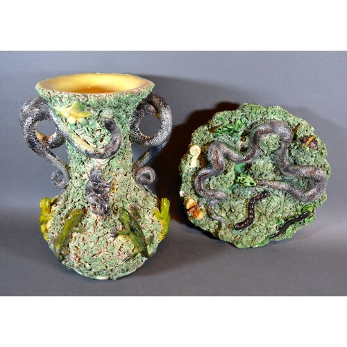 A Portuguese Palissy Two Handled Vase decorated in relief wi...