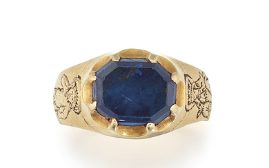 A RARE MEDIEVAL SAPPHIRE ICONOGRAPHIC RING