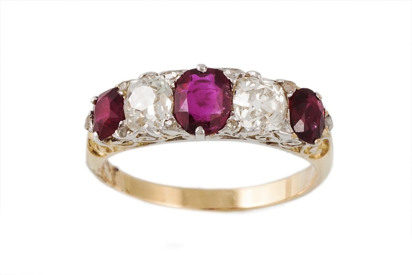 A RUBY AND DIAMOND FIVE STONE RING, oval rubies, old cut dia...