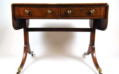 A Regency mahogany and ebony strung sofa table, the drop...