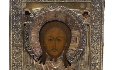 A Russian wooden icon showing the Mandylion with silver oklad, 19th century (icon), Moscow, Ivan