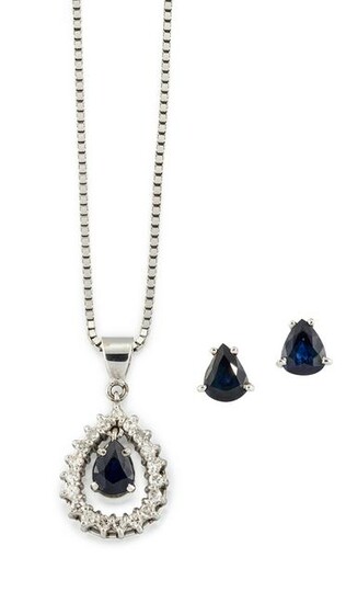 A SAPPHIRE AND DIAMOND PENDANT AND SAPPHIRE EARSTUDS