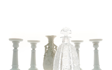 A SET OF FOUR CLASSICAL STYLE WHITE OPALINE GLASS CANDLESTICKS, LATE 19TH CENTURY.