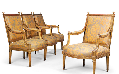 A SET OF FOUR LATE LOUIS XVI GILTWOOD FAUTEUILS, LATE 18TH CENTURY, RETAILED BY MORANT & CO.