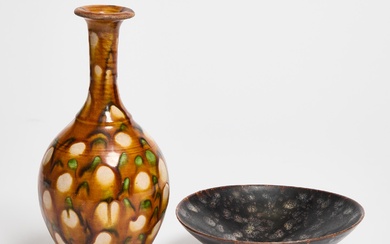 A Tang-Style Sancai-Glazed Vase, Together With a Song-Style Temmoku Bowl