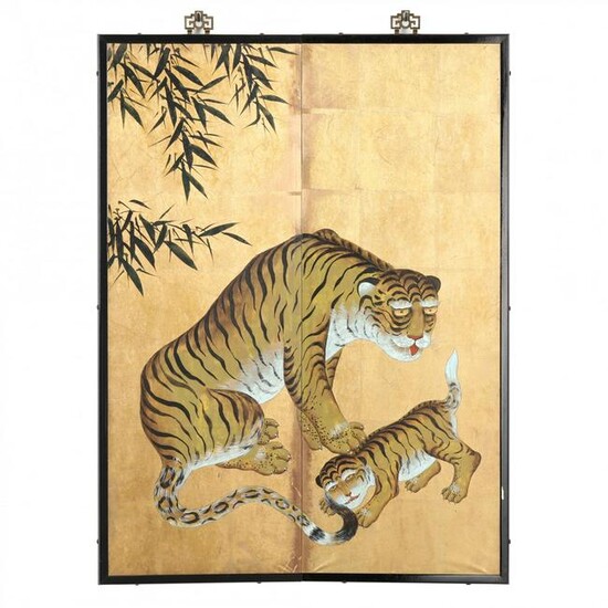 A Two-Panel Screen of Tigers with Bamboo