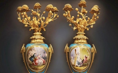 A Very Impressive Pair Of 19th Century French Sevres & Gilt Bronze Candelabras
