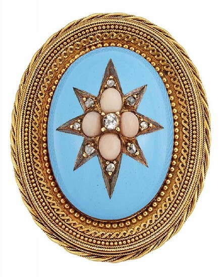 A Victorian, gold coral, diamond and enamel...