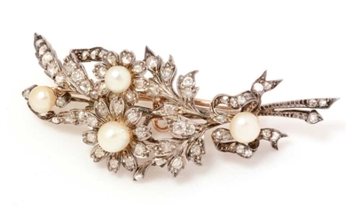 A Victorian pearl and diamond floral sprig brooch