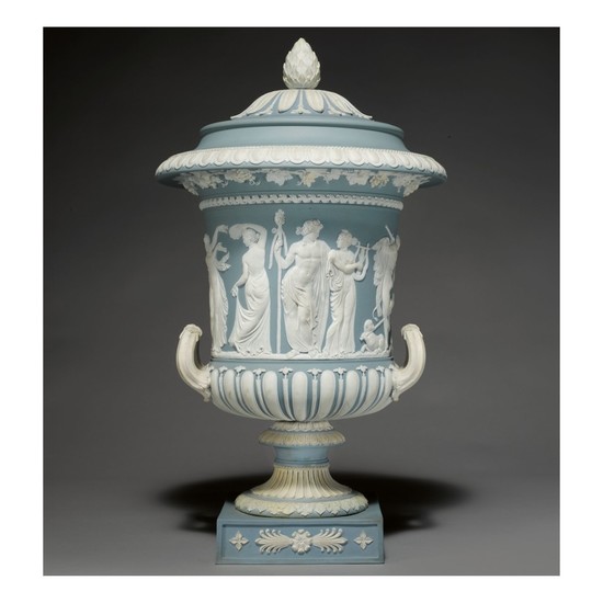 A WEDGWOOD BLUE AND WHITE JASPERWARE TWO-HANDLED 'BORGHESE' VASE LATE 18TH CENTURY