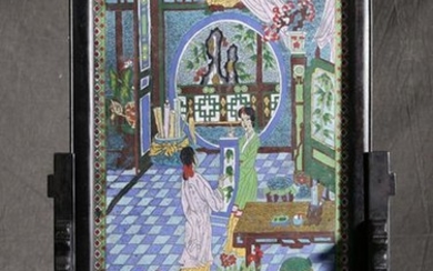 A WOOD EMBEDED CLOISONNE SCREEN WITH LADY FIGHUR