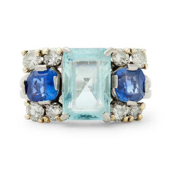 A aquamarine, sapphire and diamond ring.