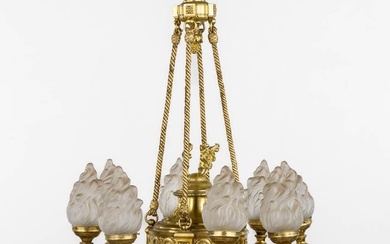 A chandelier, bronze in a Louis XVI style. Gilt bronze. (H:100 x D:72 cm)