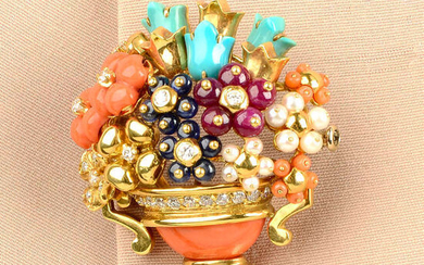 A coral, turquoise, diamond, ruby, sapphire and seed pearl floral bouquet brooch.