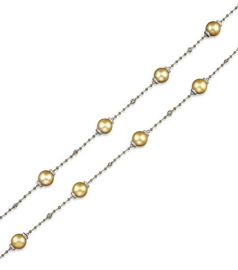 A cultured pearl and diamond long chain, each...