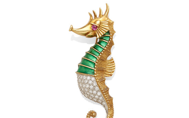 A diamond and enamel seahorse brooch,, Schlumberger for Tiffany & Co.