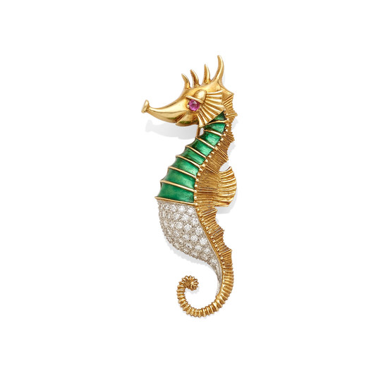 A diamond and enamel seahorse brooch,, Schlumberger for Tiffany & Co.