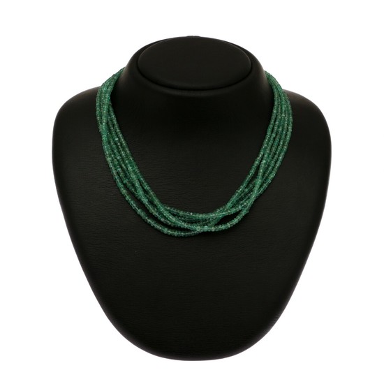 A five string emerald necklace set with numerous roundel-cut emeralds and magnet clasp of sterling silver. L. 47 cm.