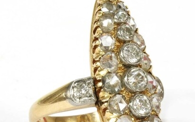 A gold navette shaped diamond cluster ring