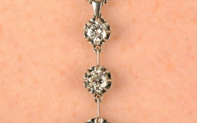 A graduated old-cut diamond line pendant, with flat curb-link chain.Estimated total old-cut diamond