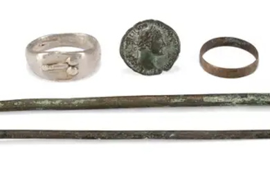 A group of Roman bronze items Comprising a Roman bronze pin, 14.5cm...