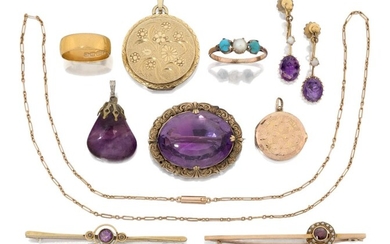 A group of jewellery including: a 22ct gold band ring, approx. size K½; an oval amethyst brooch in claw setting to foliate mount, width 3.5cm; an amethyst drop pendant; a turquoise and cultured pearl ring, hoop unmarked, size approx. P½; a garnet...