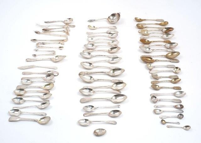 A group of silver flatware including: five Irish silver egg spoons, Dublin, 1826, William Cummins; a silver sifting spoon, Sheffield, 1937, Viners Ltd.; a quantity of silver teaspoons; two George IV silver mustard spoons; a Norwegian pickle fork...