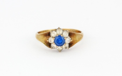 A hallmarked 9ct gold ring set with blue topaz and white stones, (N).