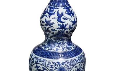 A large Chinese blue and white double-gourd vase with crane and dragon, probably Wanli period