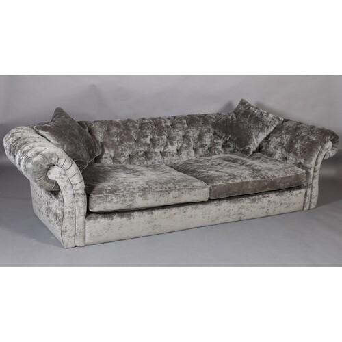 A large grey velour button back Chesterfield sofa (no feet),...