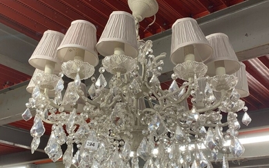 A large twelve branch metal and crystal drop chandelier light fitting, Dia. 82cm, D. 76cm.