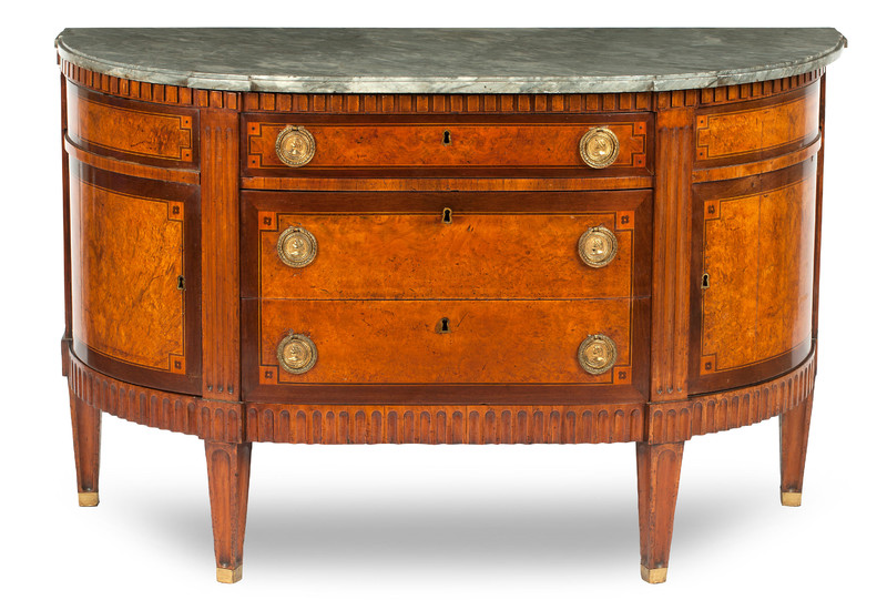 A late 18th Century Dutch burr-elm bowfront marble top commode