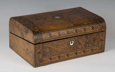 A late Victorian burr walnut and geometric inlaid writing slope, width 35.5cm.