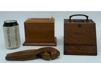 A mid Century oak and brass cigarette box together with a Sa...