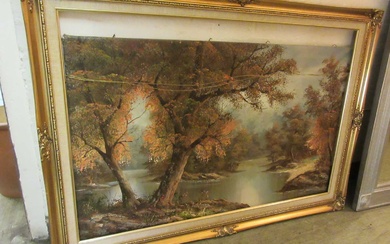 A modern gilt framed oil of countryside with riverCondition Report...