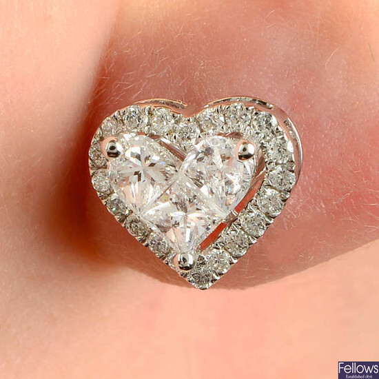 A pair of 18ct gold vari-cut diamond heart ear studs.